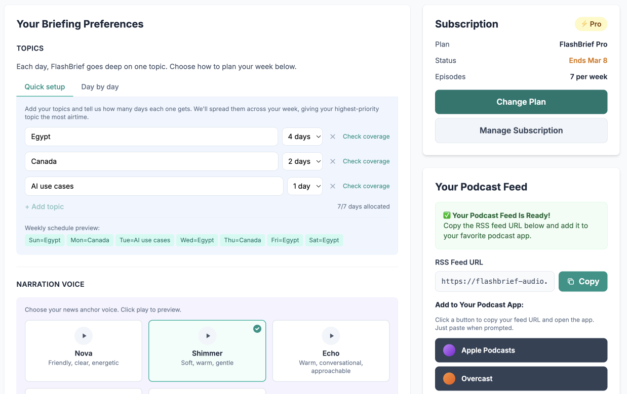 FlashBrief dashboard showing briefing preferences and podcast feed